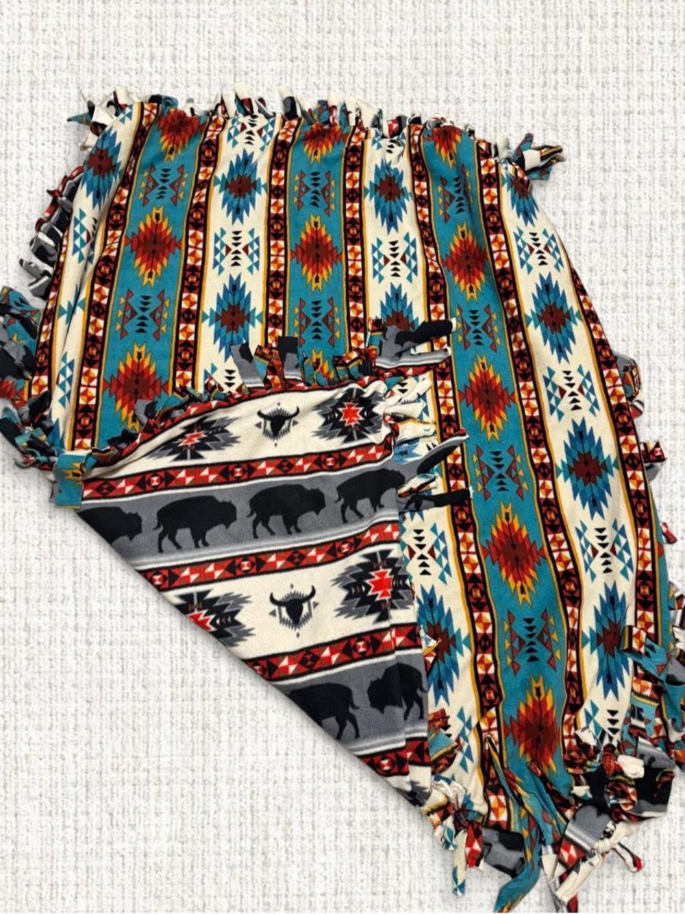 Handmade Reversible Southwest Bison Fleece Tie Blanket Western Aztec Throw